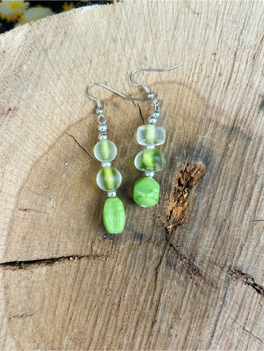 Handmade Green Beaded Dangle Earrings Earthy Glass Jewelry